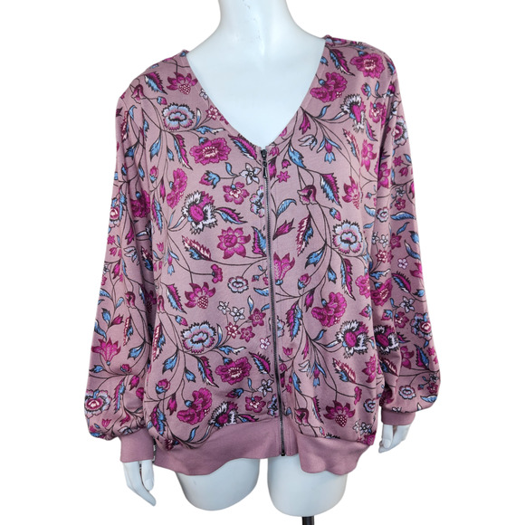 The Muses Lounge French Terry Zip-Front Full Zip Jacket Mauve Floral X-Large - Picture 1 of 16